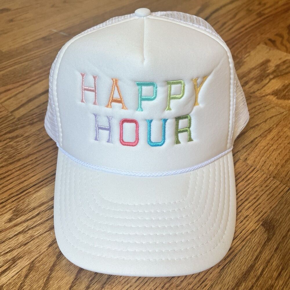 Foam SnapBack Mesh Braid Trucker Hat Cap White “HAPPY HOUR” Colorful NWT Adjust